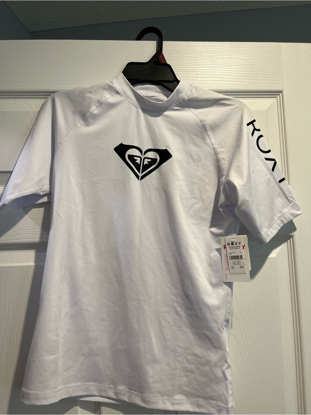 Roxy White Short-Sleeve Surf Rash Guard with Black Logo